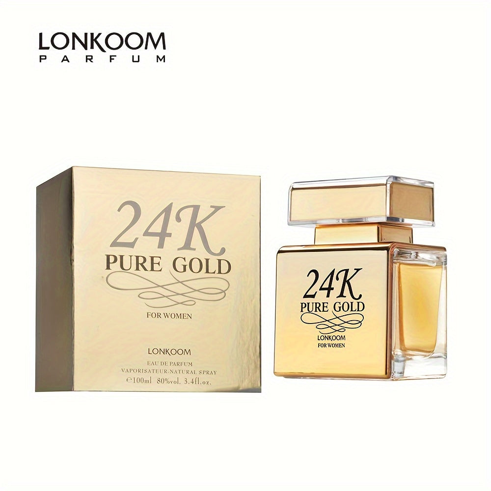 3.38oz Eau De Parfum For Women, LONKOOM 24K Pure Gold, Refreshing And Long Lasting Fragrance With Fruity Notes, Perfume For Dating And Daily Life, A Perfect Gift For Her