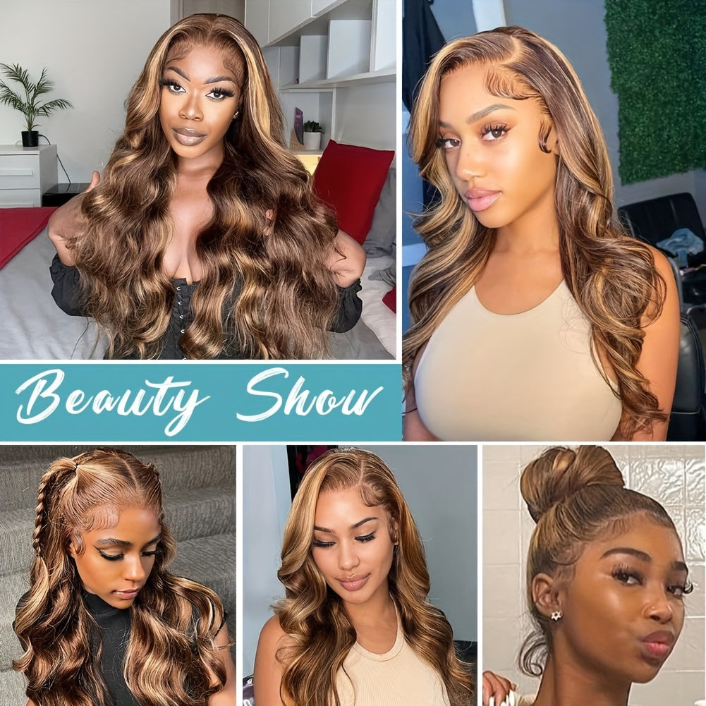 Body Wave Highlight Ombre 360 Lace Front Wig Human Hair 4/27 Pre Plucked With Baby Hair For Women 180% Density