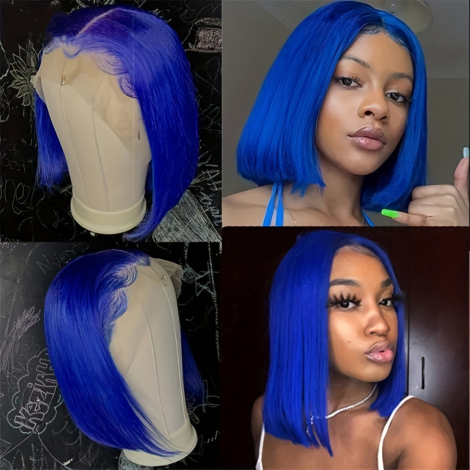 180% Density Dark Green Blue Bob Wig - Human Hair with 13x4 Lace Front - Realistic & Vibrant - Straight Style for Women