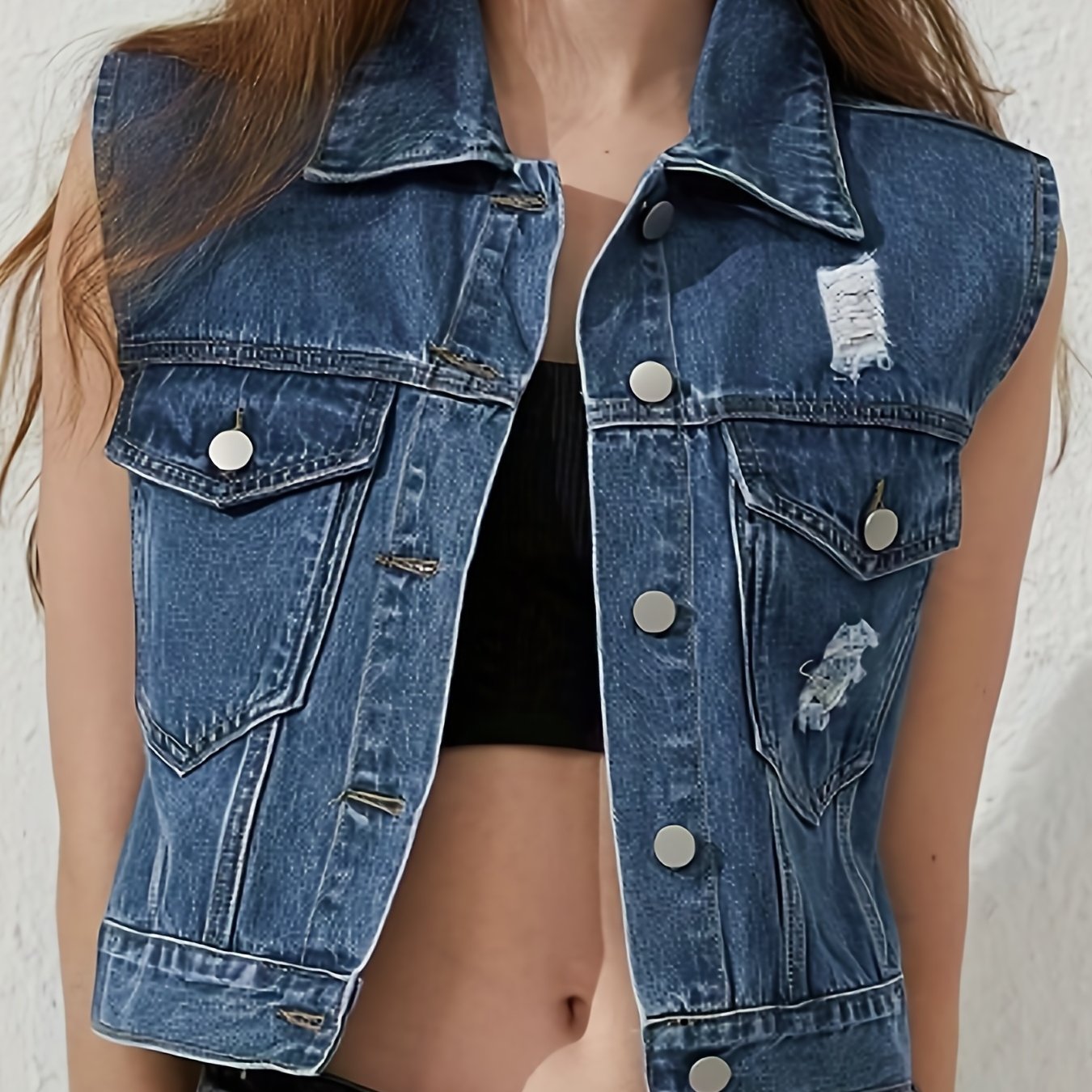 Women's Sleeveless White Denim Jacket with Ripped Flap Chest Pocket - Street Style Vest Coat