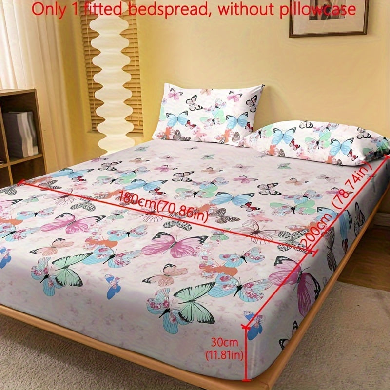 1pc Brushed Fitted Sheet, Soft Comfortable Butterfly Floral Print Bedding Fitted Sheet, For Bedroom, Guest Room, With Deep Pocket, Fitted Bed Sheet Only, Without Pillowcase