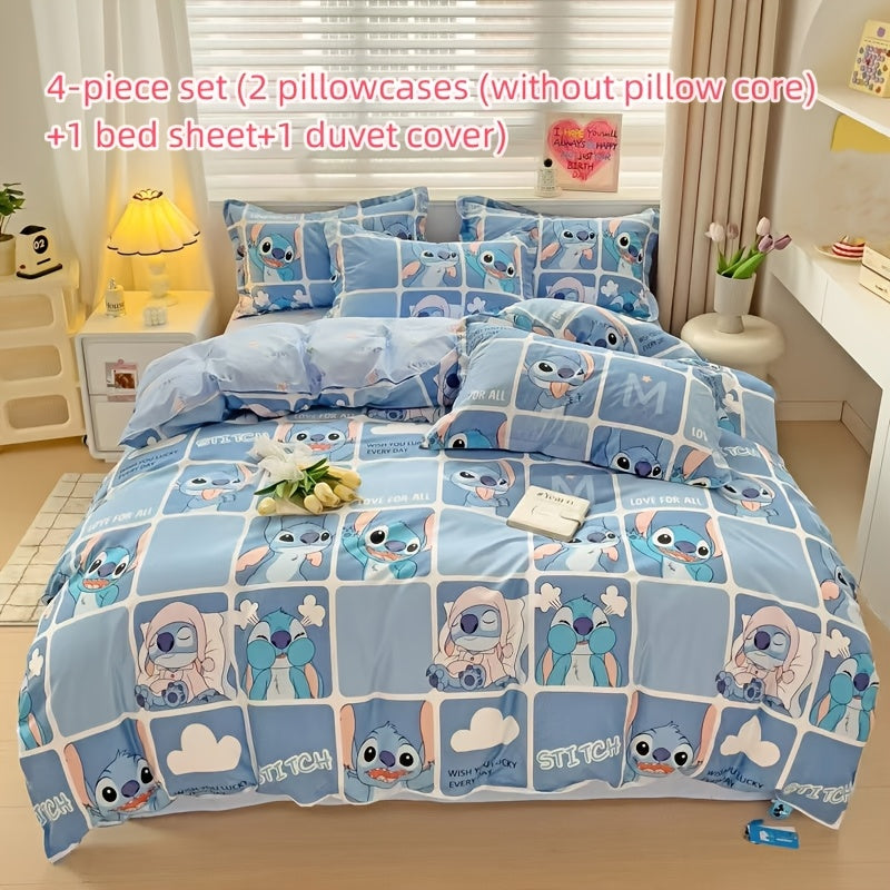 Back to School Stitch-Theme 4pcs Bedding Set (No Pillow Core And Quilt Core)- Available for All Seasons, Kawaii Comfortable Pillowcases, Duvet Cover, Bed Sheet, Dorm & Travel Supplies, Christmas Birthday Halloween New Year Mo