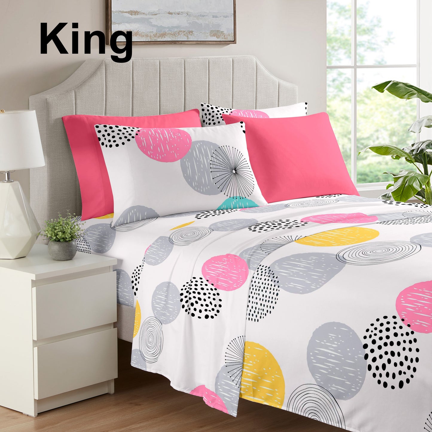 4/6 pcs Circle Printed Microfiber Bed Sheet Set 1/2 Solid Pillowcases + 1/2 Printed Pillowcases + 1 pc Flat Sheet + 1 pc Fitted Sheet (Deep Pocket 35cm/13.77inch) Suit For Bedroom Guest Room Hotel For All Season