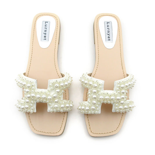 Lurnyet Women's Pearl Embellished Band Flat Sandal for Outdoor Casual