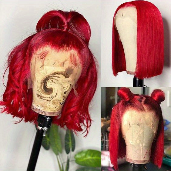 13*4 Red Straight Bob Wig - 180% Density Remy Human Hair Wig with Pre-Plucked Lace Front for Women and Girls