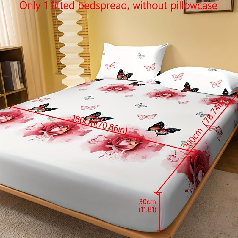 1pc Brushed Fitted Sheet (Without Pillowcase), Soft Comfortable Butterfly Red Rose Print Bedding Mattress Protector, For Bedroom, Guest Room, With Deep Pocket, Fitted Bed Sheet Only