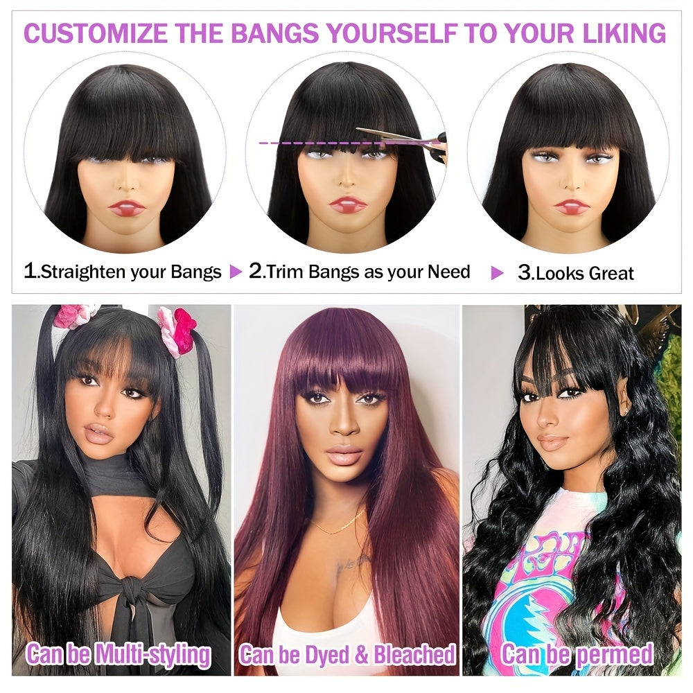 Straight Human Hair Wigs With Bangs None Lace Front Wigs 180% Density Brazilian Virgin Human Hair Glueless Machine Made Wigs For Black Women Natural Color