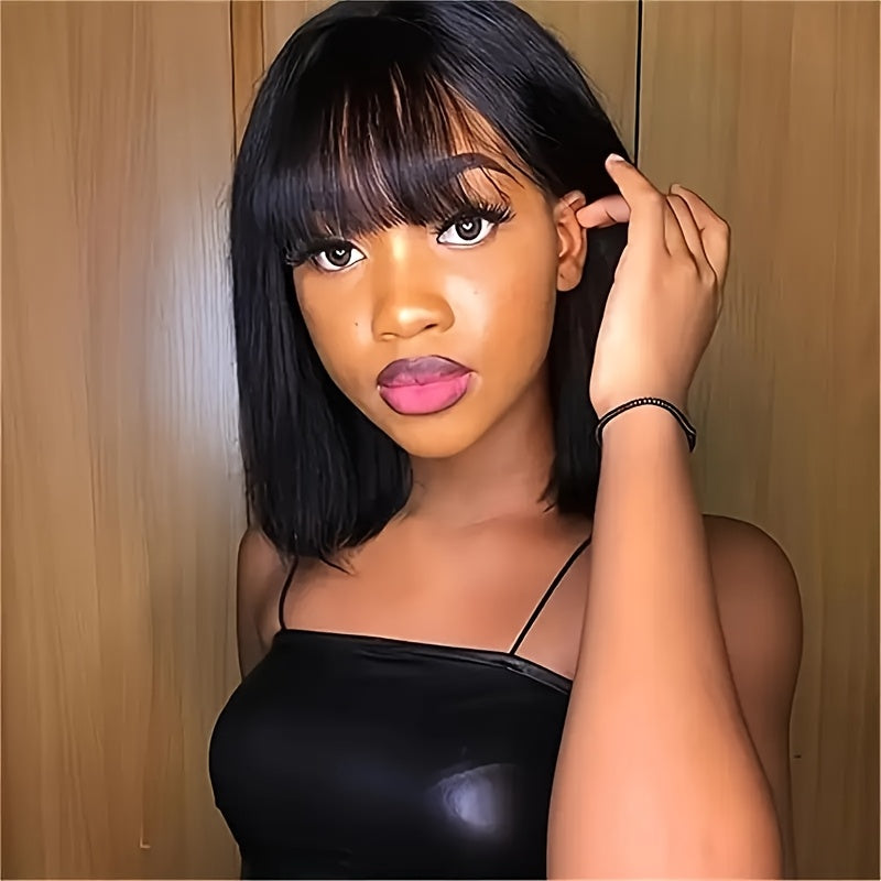 Women's Glueless Bob Wig with Bangs - Natural Black Human Hair, 150% Density (2x1 Ratio), Brazilian Hair, No Glue Needed, Adjustable Bangs & Pre-Plucked Front with Baby Hair, Everyday & Special Occasion Hairstyle - Suitable f