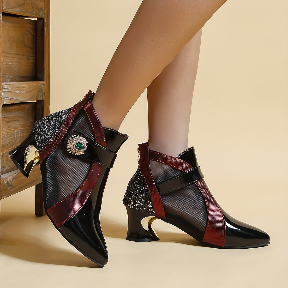 Women's Rhinestone Mesh Ankle Boots with Pointed Toe, Fashionable Short Boots