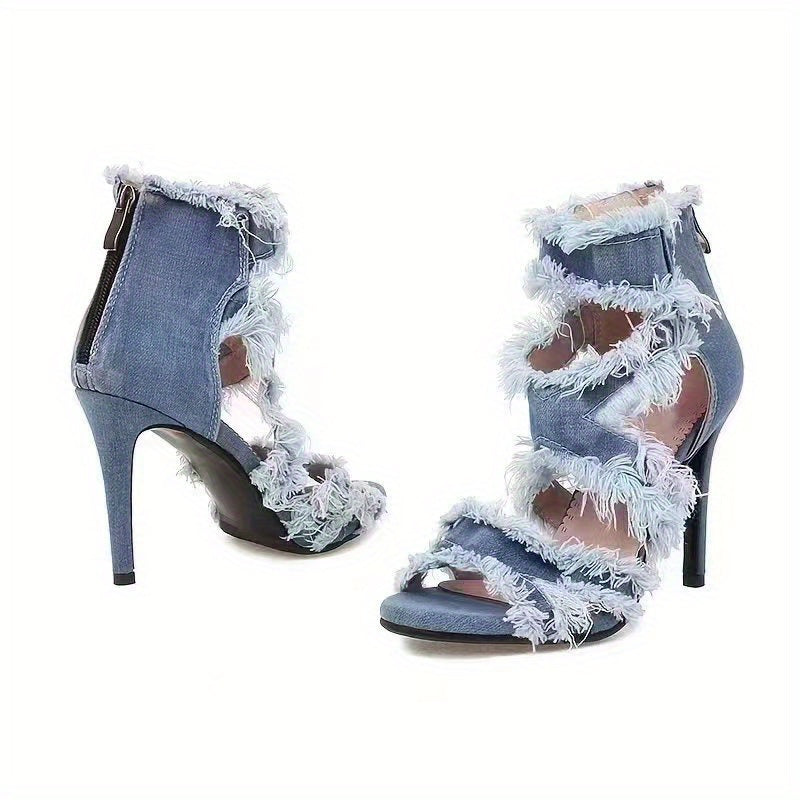 Women's Denim Cut-out High Heels, Peep Toe Back Zipper Stiletto Heels, Fashion Party Sandals