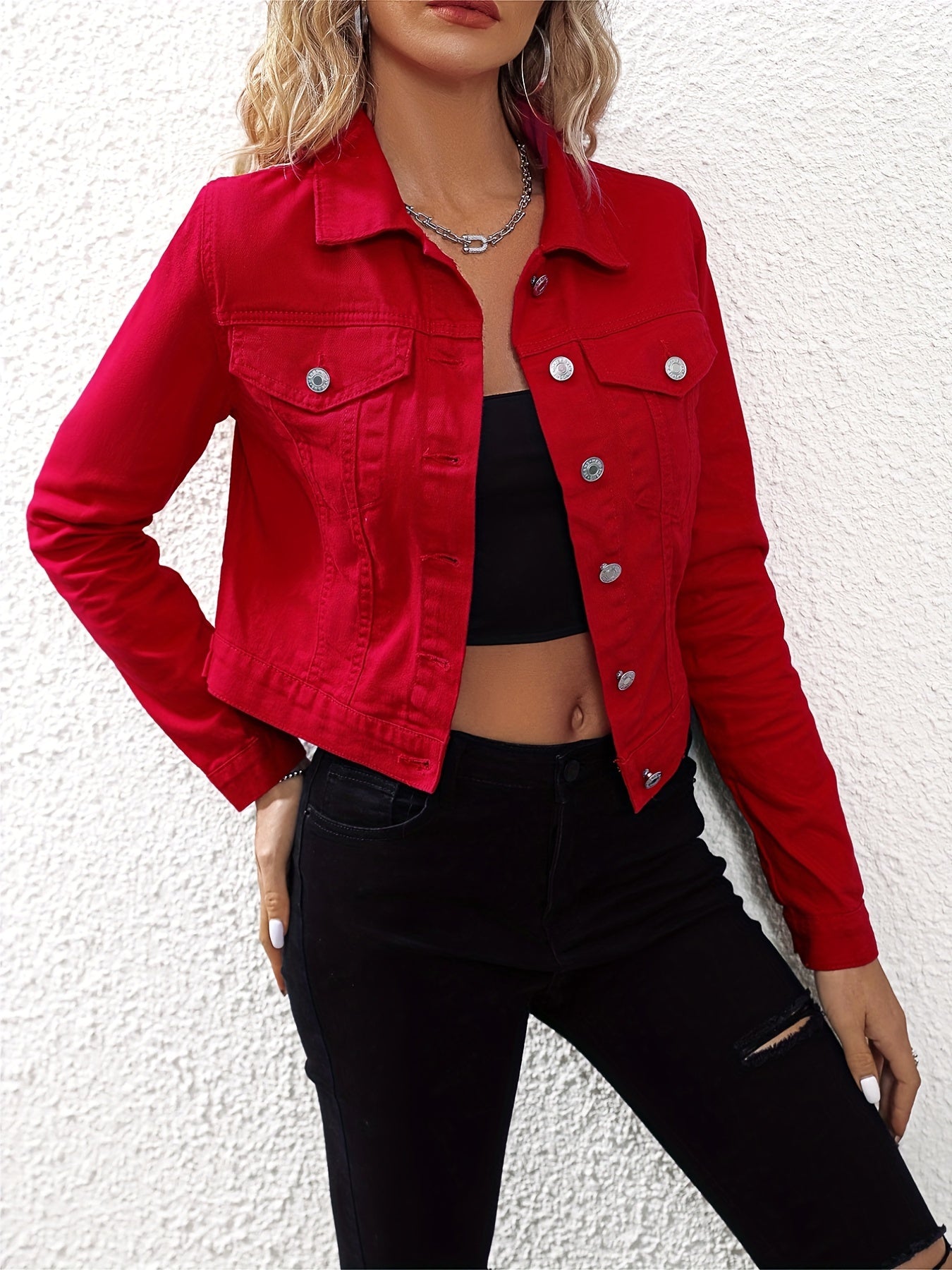 Womens Classic Red Denim Jacket - Slim Fit, Single-Breasted Button Lapel - Versatile & Fashionable Coat for Everyday Style