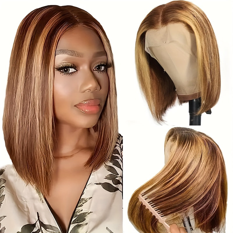 Gift for Girlfriend mother Handwoven Bob wig 5x1 HD Clear front lace wig Human Hair Pre-pulled Human Hair No Glue wig Human Hair 180% density Straight lace wig Ladies natural color