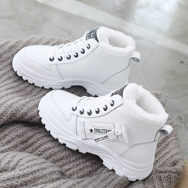 Women'S K2001 High-Top Winter Boots - Stylish White Lace-Up with Faux Fur Lining, Waterproof PVC Sole, Casual All-Season Footwear, Casual Winter Boots|Faux Fur Lined Boots|Laceup Boots