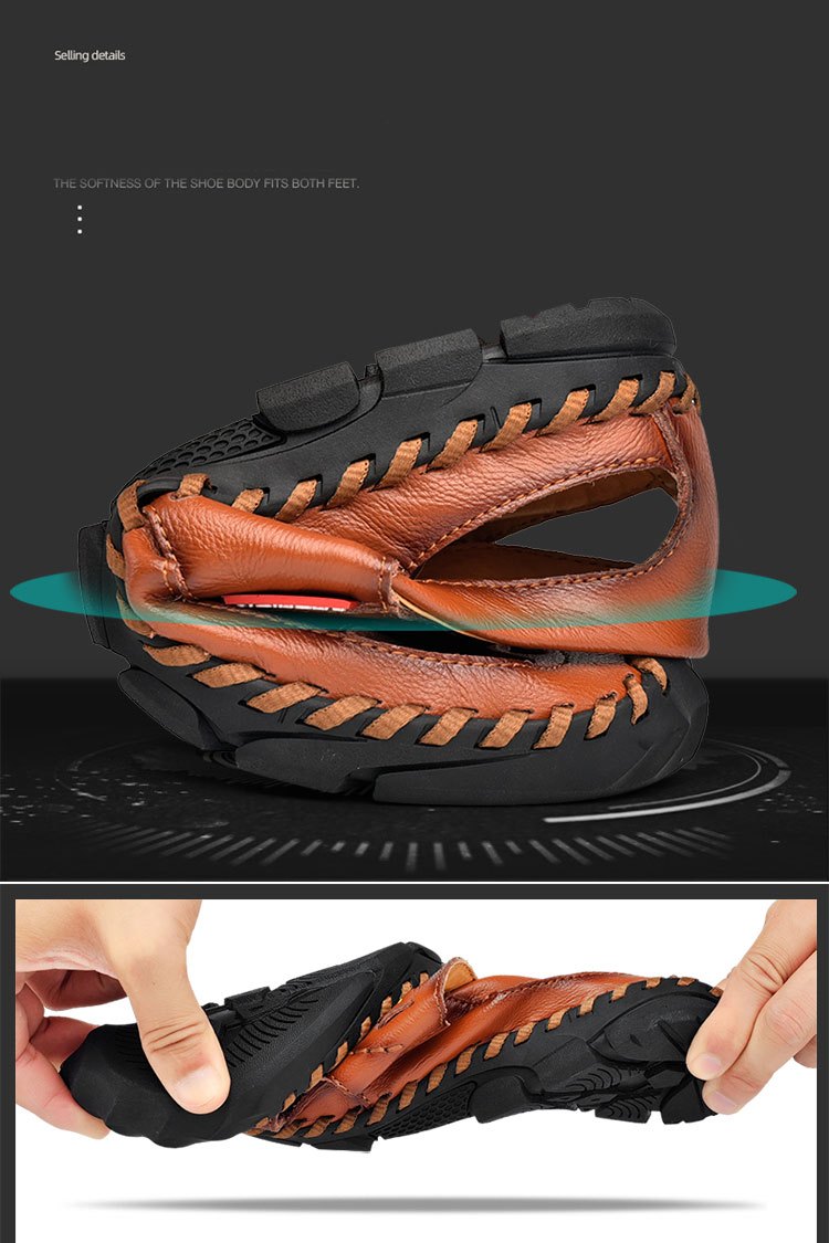 CLOHOO Mens Round Toe Sandals - Durable Handmade Stitching, Non-Slip Rubber Sole, Comfortable PU Insole, Breathable Fabric Lining, Second Layer Cowhide Upper, Slip-On Closure, Perfect for Indoor, Outdoor, Beach, Vacation, Spr