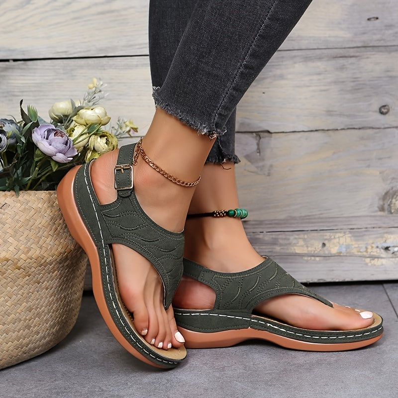 Womens Retro Charm Wedge Sandals - Comfort Thong, Adjustable Buckle, Open Toe Slingback - Casual Solid Color Style