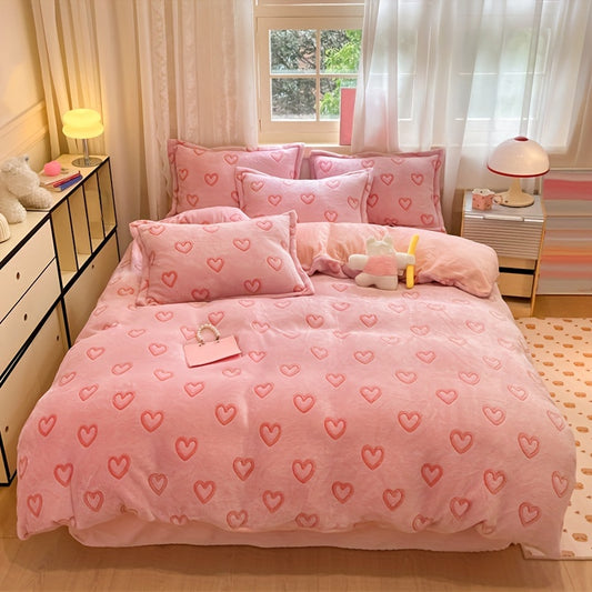 3pcs autumn and winter thickened double-sided warm velvet love, butterfly, bow, gravure pattern snowflake velvet kit, (1 quilt cover, 2 pillowcases, no bed sheet, quilt and pillow), bedding, very suitable for bedroom and dorm