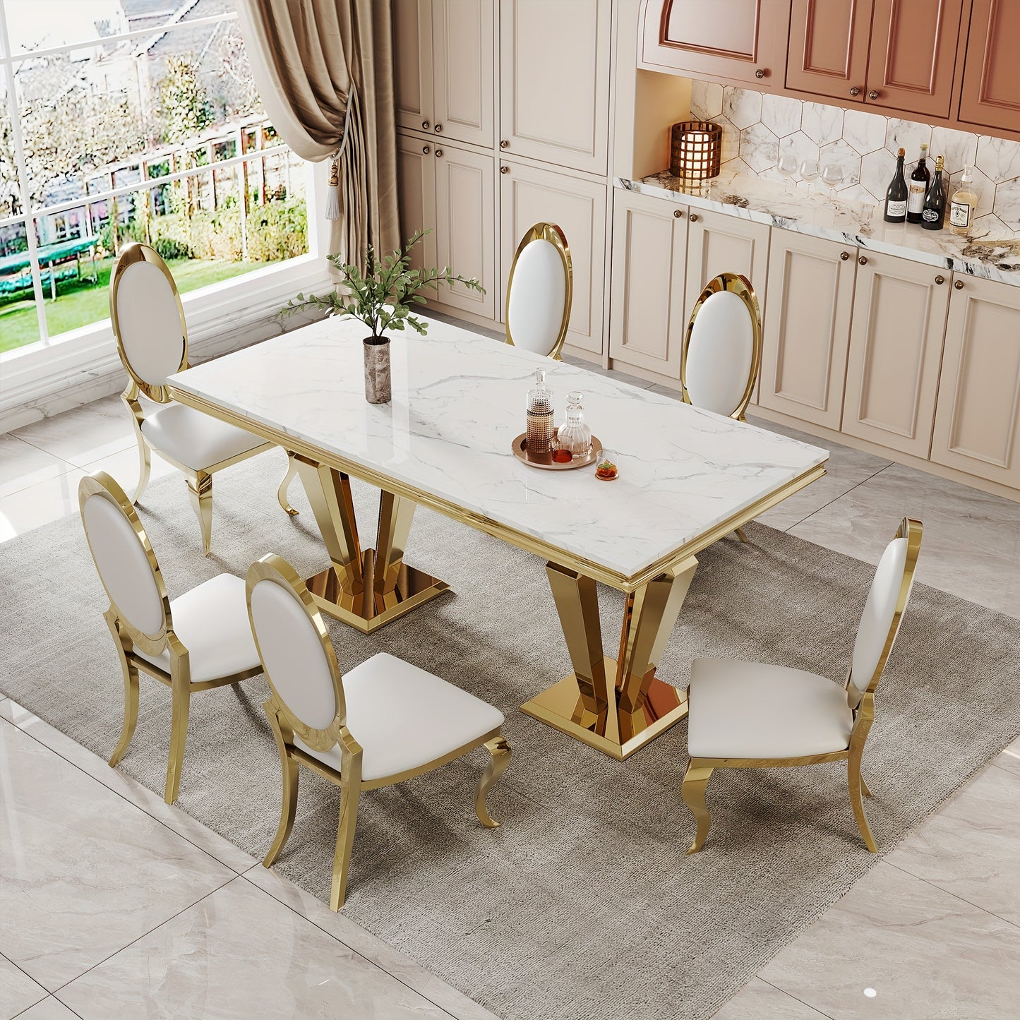 7-piece Luxury Dining Table And Chair Set. One 70-inch Cultured Marble Table With 6 Leather Chairs | Perfect For Kitchens, Home Dining Rooms And Hotel Restaurants