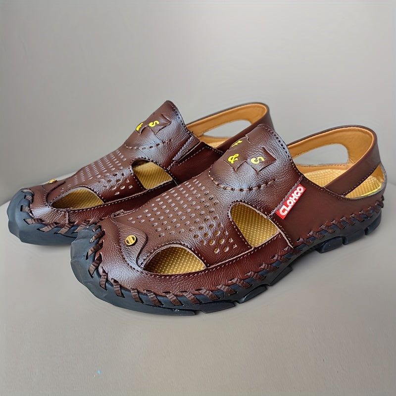 CLOHOO Mens Round Toe Sandals - Durable Handmade Stitching, Non-Slip Rubber Sole, Comfortable PU Insole, Breathable Fabric Lining, Second Layer Cowhide Upper, Slip-On Closure, Perfect for Indoor, Outdoor, Beach, Vacation, Spr