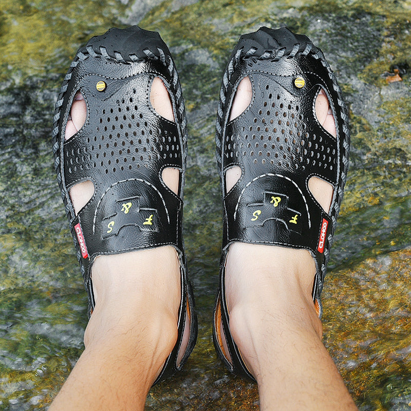 CLOHOO Mens Round Toe Sandals - Durable Handmade Stitching, Non-Slip Rubber Sole, Comfortable PU Insole, Breathable Fabric Lining, Second Layer Cowhide Upper, Slip-On Closure, Perfect for Indoor, Outdoor, Beach, Vacation, Spr