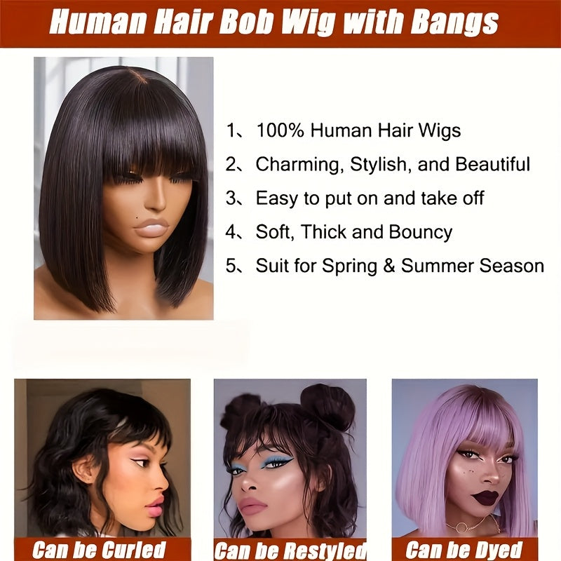 Women's Glueless Bob Wig with Bangs - Natural Black Human Hair, 150% Density (2x1 Ratio), Brazilian Hair, No Glue Needed, Adjustable Bangs & Pre-Plucked Front with Baby Hair, Everyday & Special Occasion Hairstyle - Suitable f