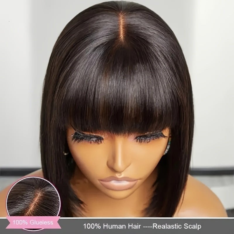 Women's Glueless Bob Wig with Bangs - Natural Black Human Hair, 150% Density (2x1 Ratio), Brazilian Hair, No Glue Needed, Adjustable Bangs & Pre-Plucked Front with Baby Hair, Everyday & Special Occasion Hairstyle - Suitable f