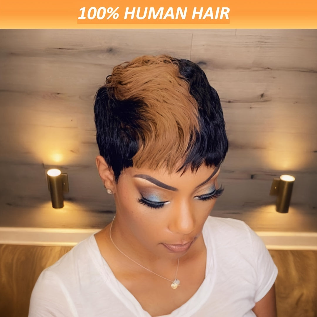 Elegant Pixie Cut Wig for Women – 6-inch Straight Hair, 150% Density, Brazilian Virgin Human Hair, Rose Net Cap, Short Non-Lace Front Machine Made Wig with Layered Haircut, Glueless Full Cap for African Women
