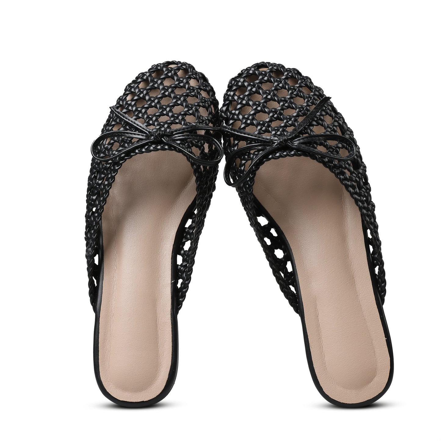 Trendy Womens Flat Sandals Round Toe Woven Design Decorative Bow Knot Slip On Flat Womens Muls for Party Work Office Outing Casual Sandal