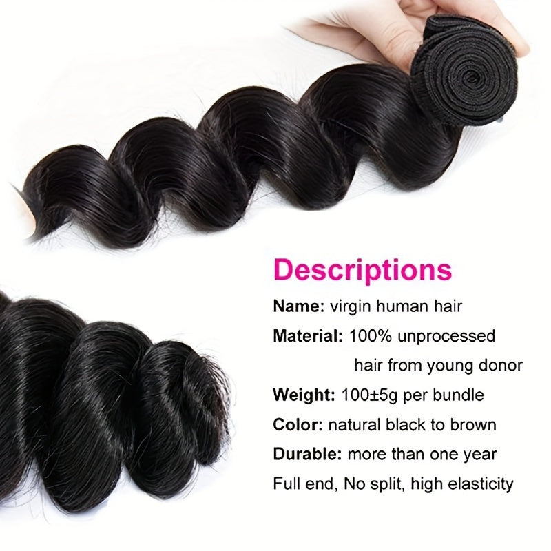 Loose Wave Bundles Human Hair 3 Bundles Deal 100% Unprocessed Brazilian Virgin Hair Loose Wave Bundles Real Human Hair Extensions For Women No Mixed Natural Color No Shedding No Tangle