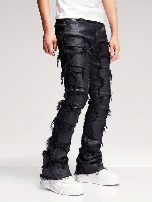Mid Stretch Slim Fit Jeans for Men - Chic Street Style, Solid Color, Stacked Frayed Hem, Comfortable, Versatile, and Perfect for All Seasons, Occasions, and Body Types