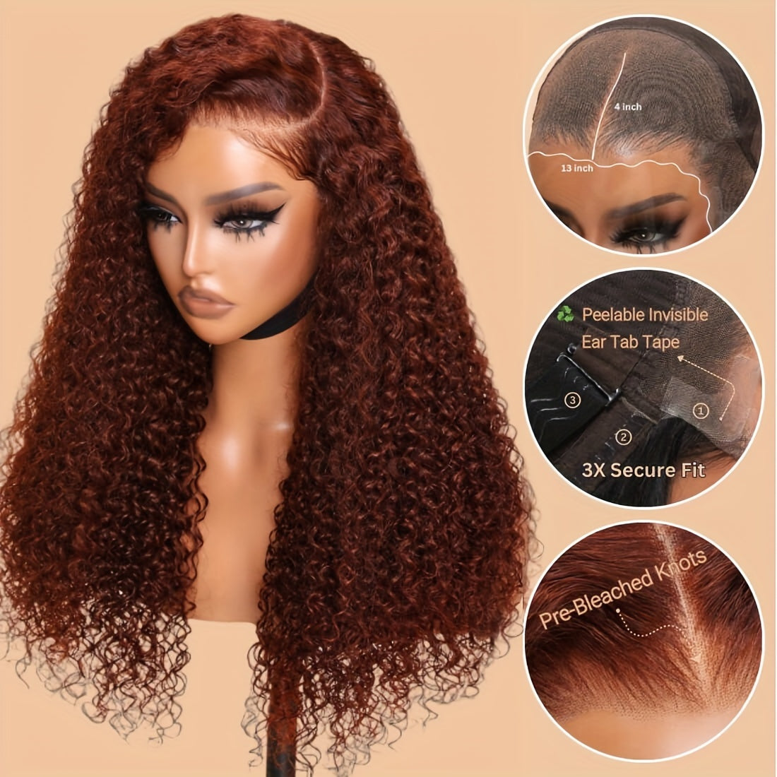 UNICE 24 inch Jerry Curly Reddish Brown Pre Plucked Pre Cut Lace Wig - 13x4 Ear to Ear Lace Front Wigs Human Hair Glueless Frontal Wig - Bleached Knots Put on and Go