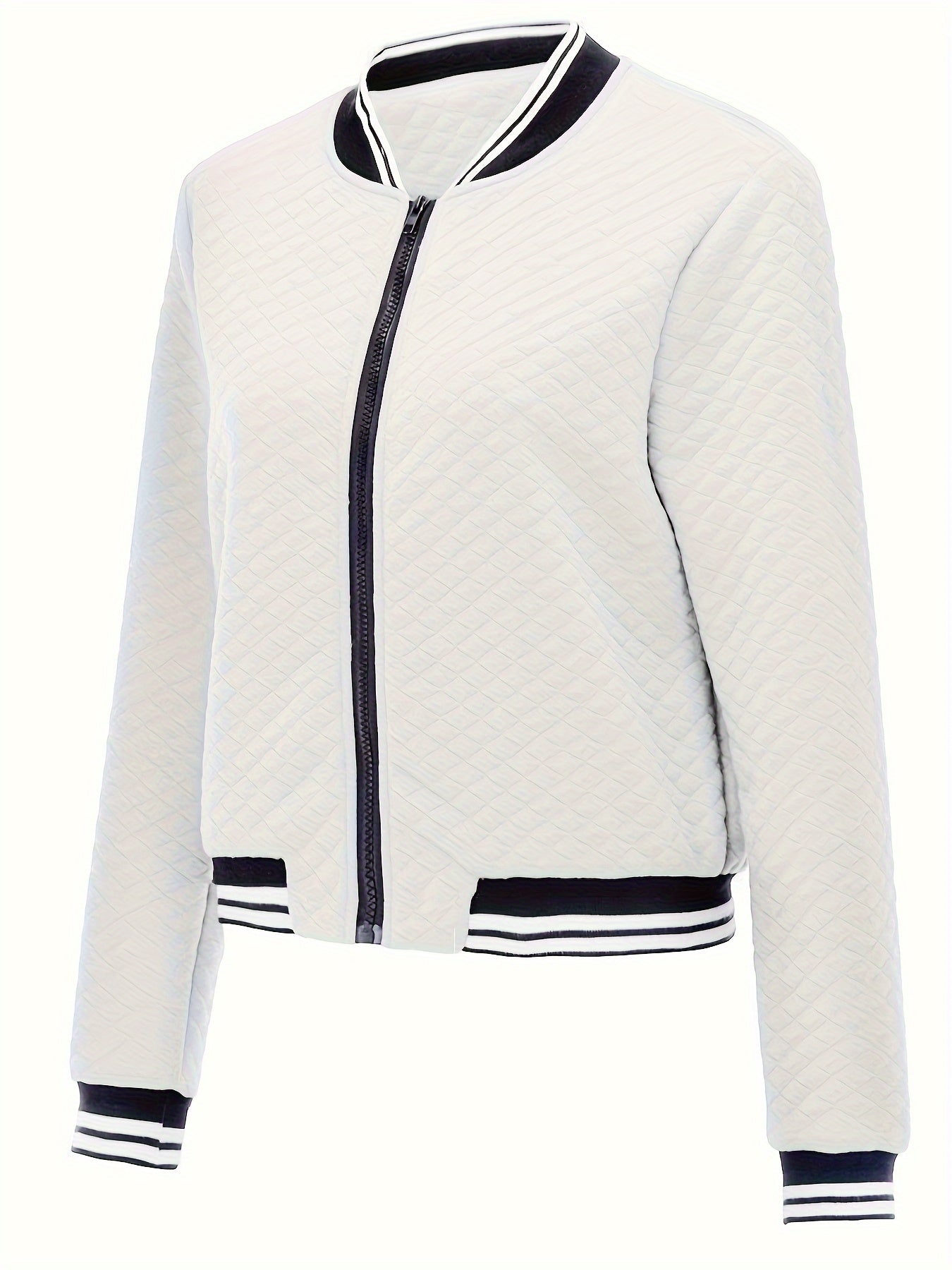 Women's Spring/Fall Bomber Jacket – Casual Contrast Zip, Durable Knit, Chic Solid Color, Easy-Care Style