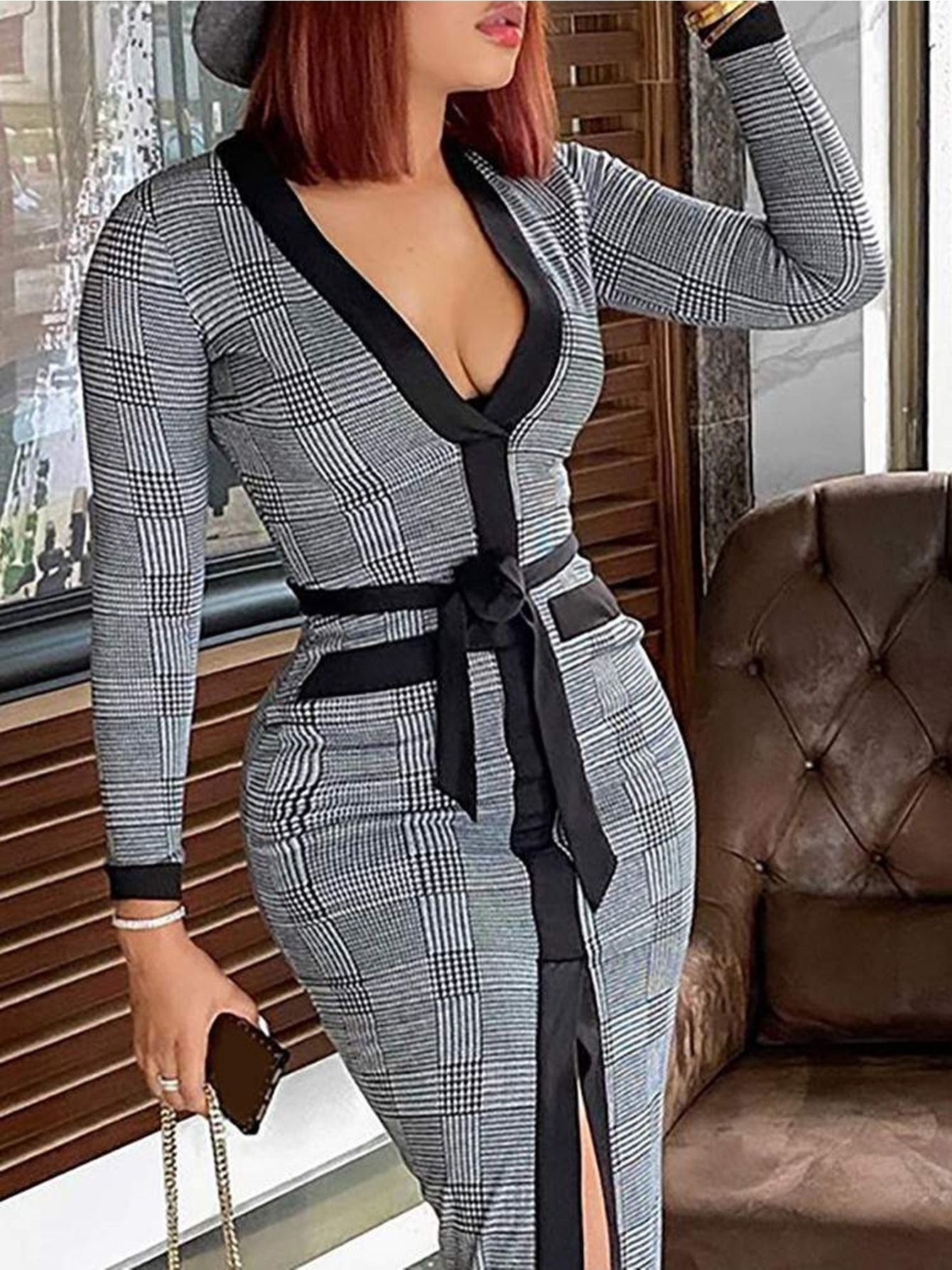 High Slit Plaid Long Sleeve Plunge Maxi Dress Women High Slit Plaid Long Sleeve Plunge Maxi Bodycon Dress Womens Party Dress