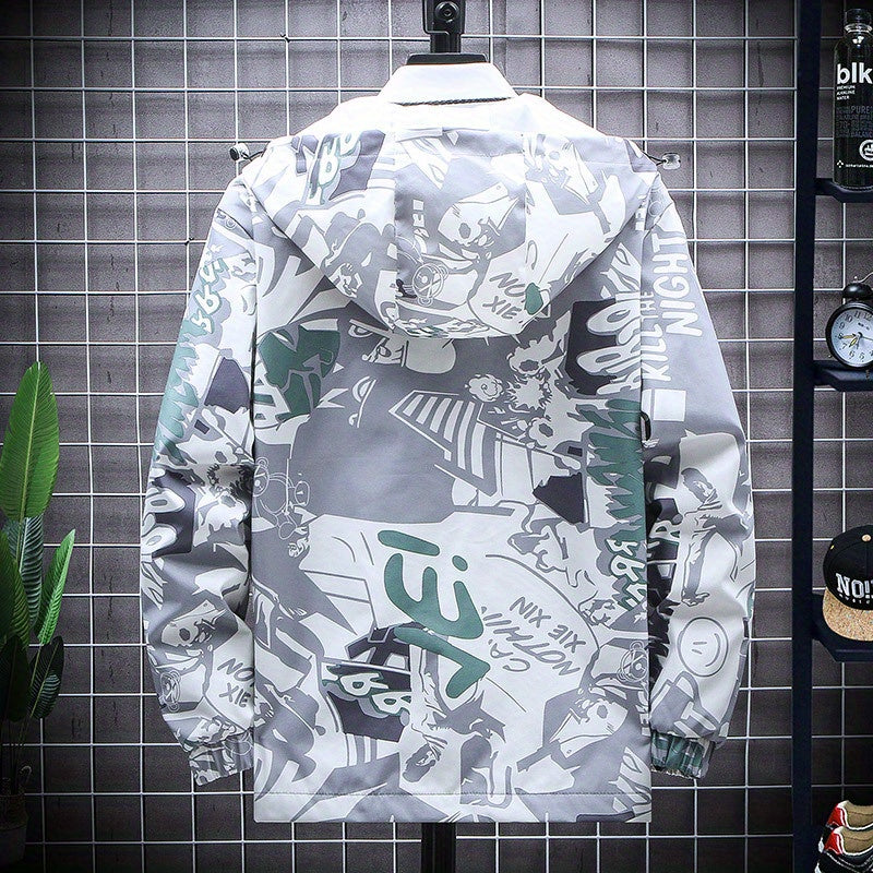Spring And Autumn Men's Fashion Graffiti Mid Length Windbreaker Popular Hooded And Handsome Men's Jacket Popular Versatile Men's And Women's Same Windbreaker Jacket