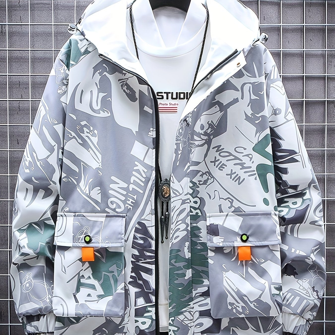 Spring And Autumn Men's Fashion Graffiti Mid Length Windbreaker Popular Hooded And Handsome Men's Jacket Popular Versatile Men's And Women's Same Windbreaker Jacket
