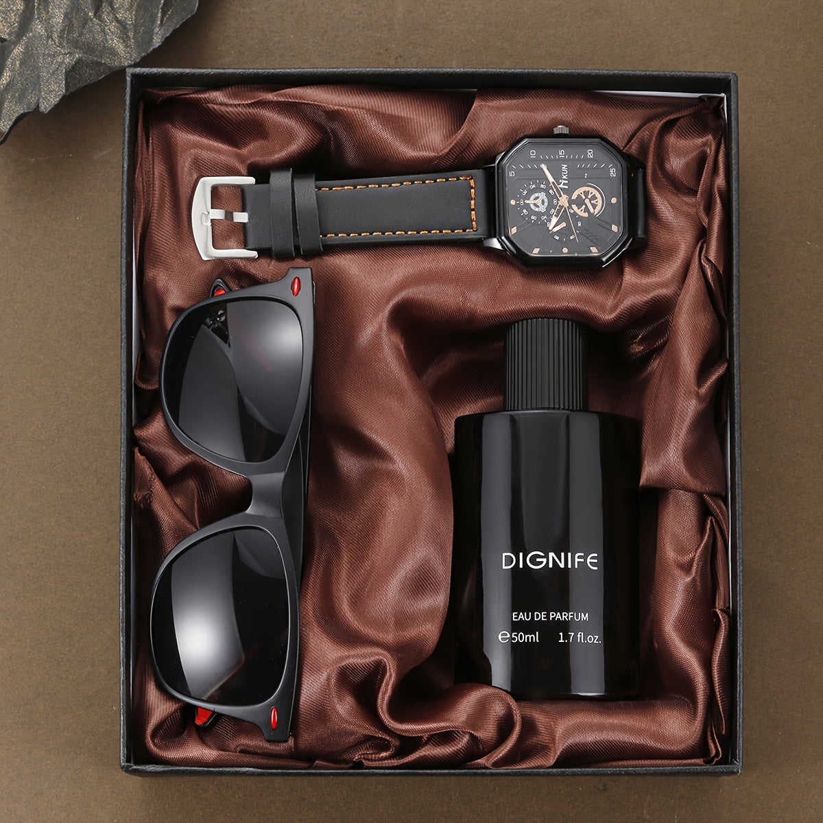 Men's Watch Gift Set Trio: Quartz Movement, Non-Waterproof Zinc Alloy Case with PU Leather Strap, Glasses & Eau de Parfum, Classic Minimalist Style Bundle - Ideal Birthday or Holiday Present for Him