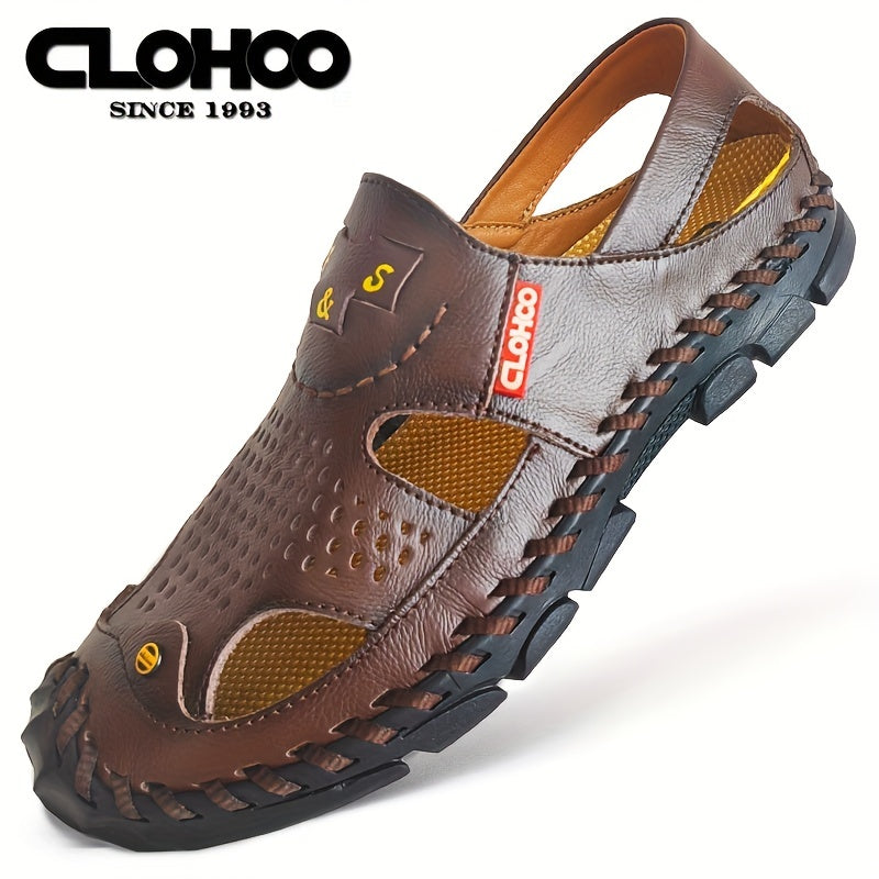 CLOHOO Mens Round Toe Sandals - Durable Handmade Stitching, Non-Slip Rubber Sole, Comfortable PU Insole, Breathable Fabric Lining, Second Layer Cowhide Upper, Slip-On Closure, Perfect for Indoor, Outdoor, Beach, Vacation, Spr