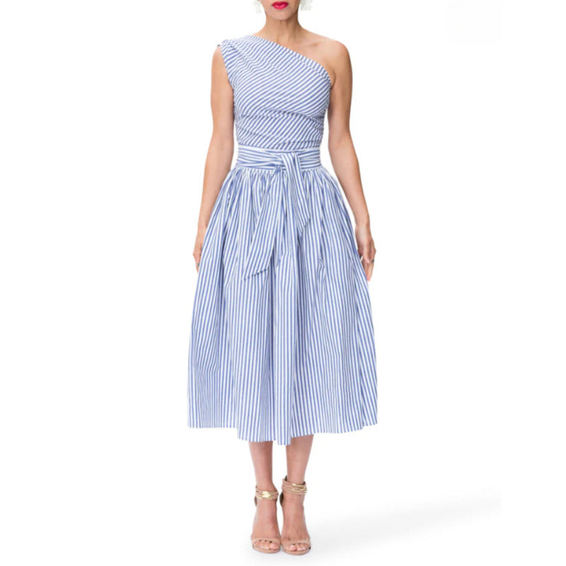 Women's Summer One Shoulder Striped Midi Dress Elegant Tie Waist Bodycon Dresses With Pockets