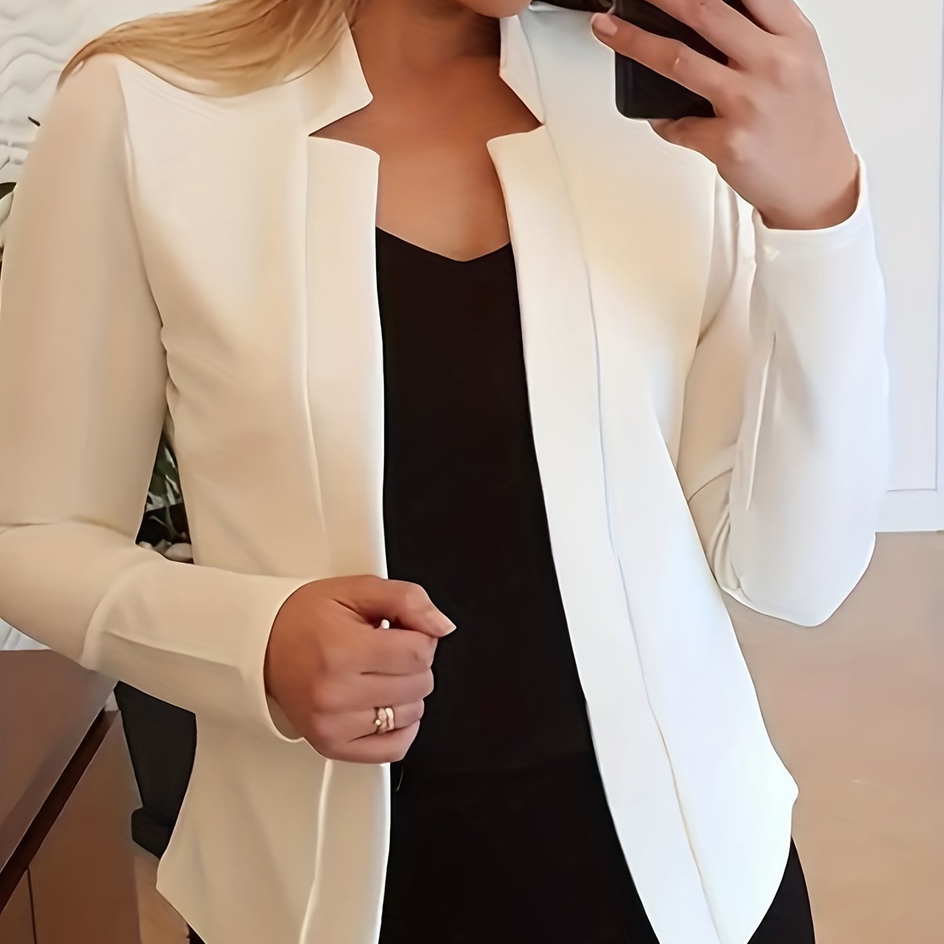 [Everyday Comfort] Women's Elegant Solid Color Polyester Blazer - 95% Polyester, 5% Spandex Knit Fabric, All-Season Stand Collar Jacket for Adults
