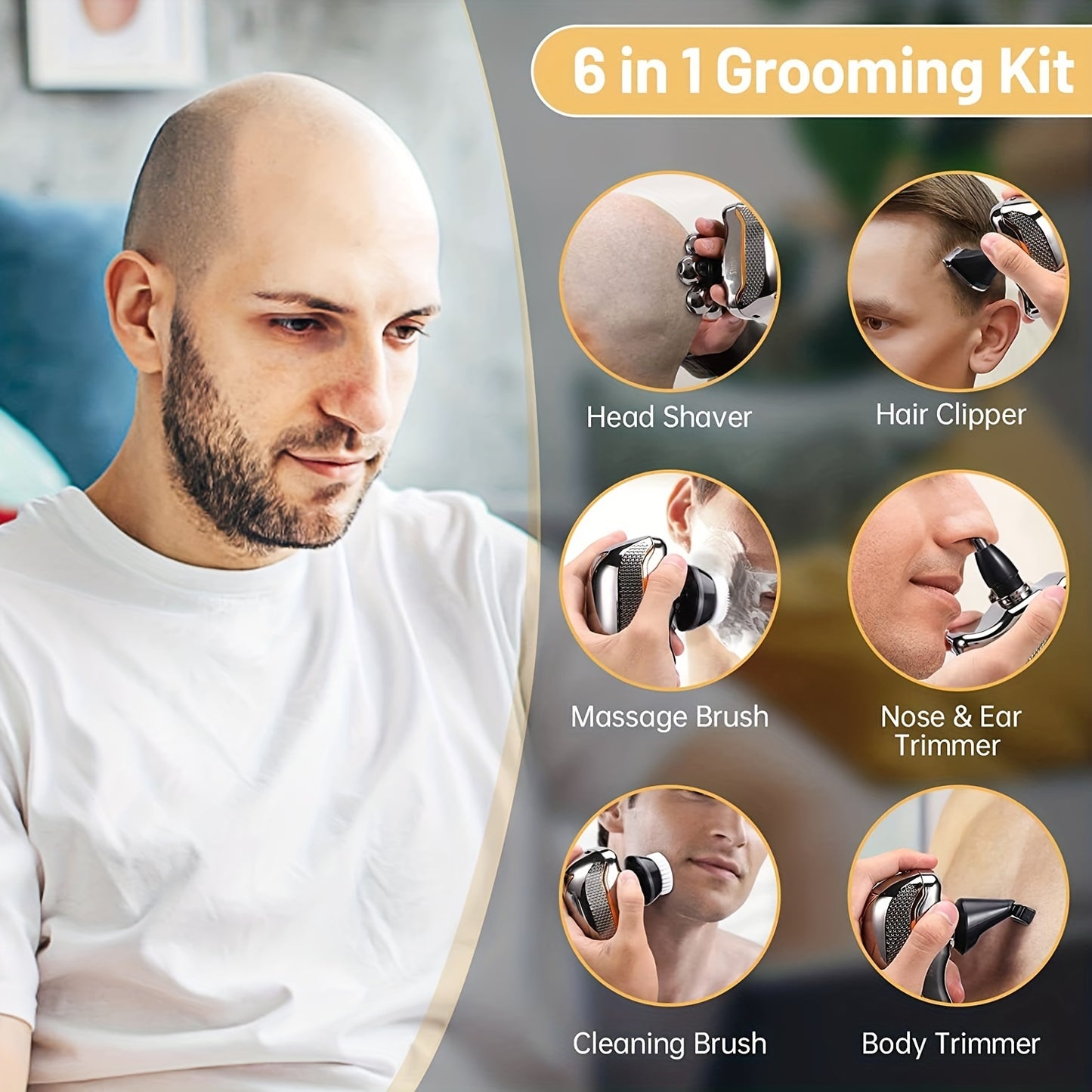 Men'S Electric Head Shaver Razor - Rechargeable Cordless Hair Shaving Razors for Bald Man 6 in 1 Wet Dry Beard Trimmer Body Hair Cutting Clipper Grooming Kit 7 Rotary Heads (Gray) - Power Supply: USB Charging (built-in Batter