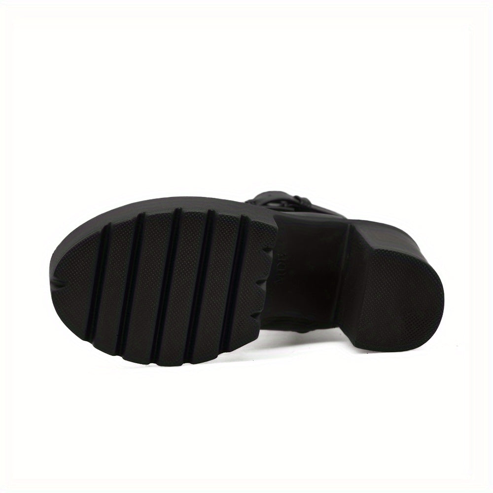 Women's Platform Chunky High Heel Ankle Boots, Black Buckle Strap Lace Up Side Zipper Motorcycle Boots, Punk Style Shoes