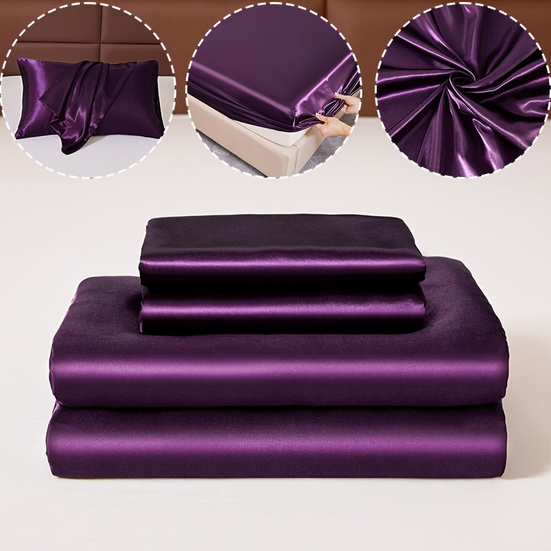 3pcs 100% Polyester Satin Bed Sheet Three-Piece Set [1 Sheet 2 Pillowcase (Coreless)] Skin-friendly Soft And Silky Fabric Student Dormitory Daily Home Bedding Mattress Protector All Year Round Machine Washable No Shrinkage No