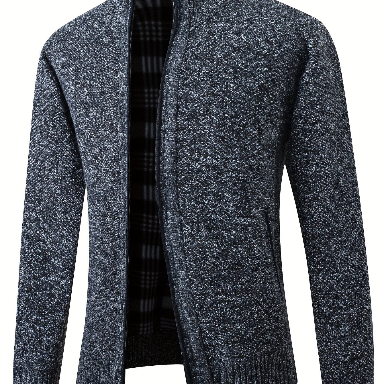 Warm Stand Collar Fleece Jacket, Men's Semi-formal Comfortable Solid Color Zip Up Knitted Cardigan For Spring Fall