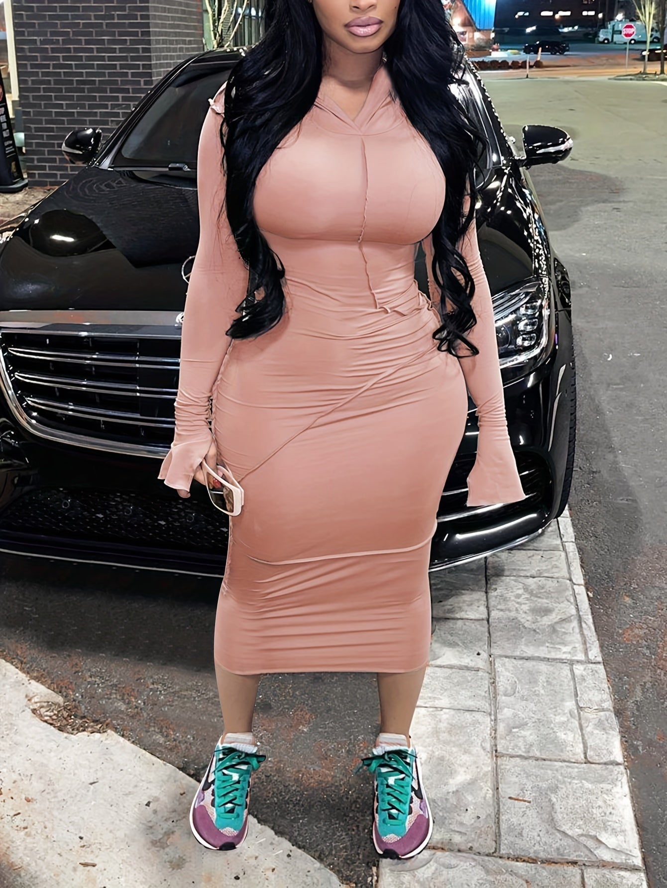Stylish Solid Hooded Bodycon Maxi Dress - Women's Long Sleeve Casual Dresses for Spring & Fall - Comfortable, Versatile, and Chic Clothing for Everyday Wear
