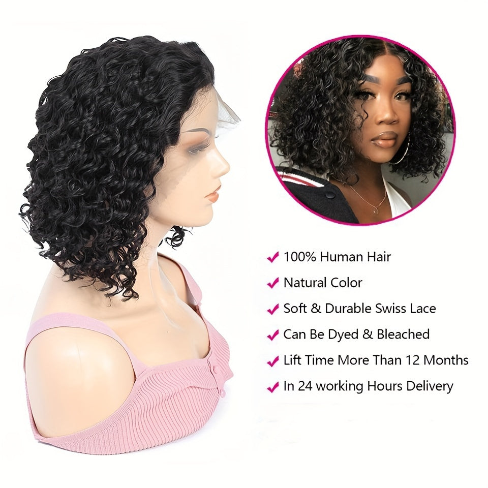 [Water Wave Short Bob Wig] 13x4x1 T Part HD Transparent Lace Water Wave Short Bob Wig - Brazilian Human Hair, Pre Plucked, Natural Color, Middle Part 180%