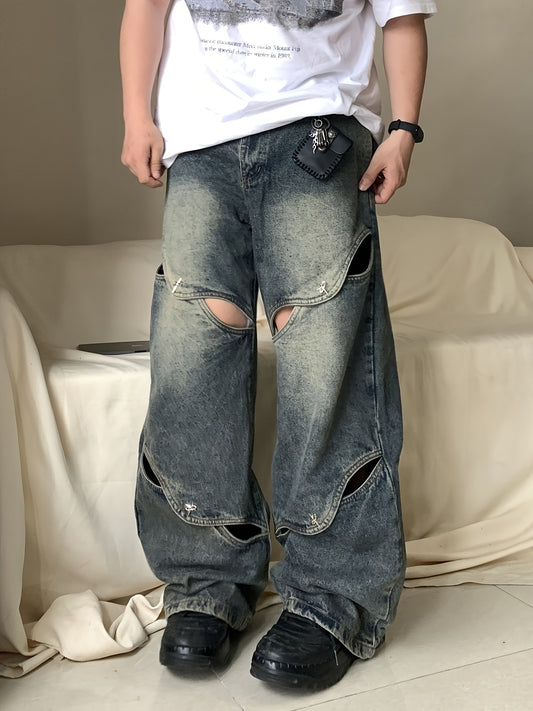 Vintage-Style Ripped Baggy Jeans for Men & Women - Distressed Streetwear with Multiple Pockets, Loose Fit Denim for Casual Outings, Casual Streetwear | Ripped Jeans Style | Pocket Details