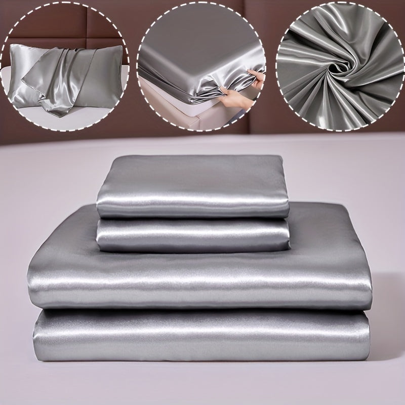 3pcs 100% Polyester Satin Bed Sheet Three-Piece Set [1 Sheet 2 Pillowcase (Coreless)] Skin-friendly Soft And Silky Fabric Student Dormitory Daily Home Bedding Mattress Protector All Year Round Machine Washable No Shrinkage No
