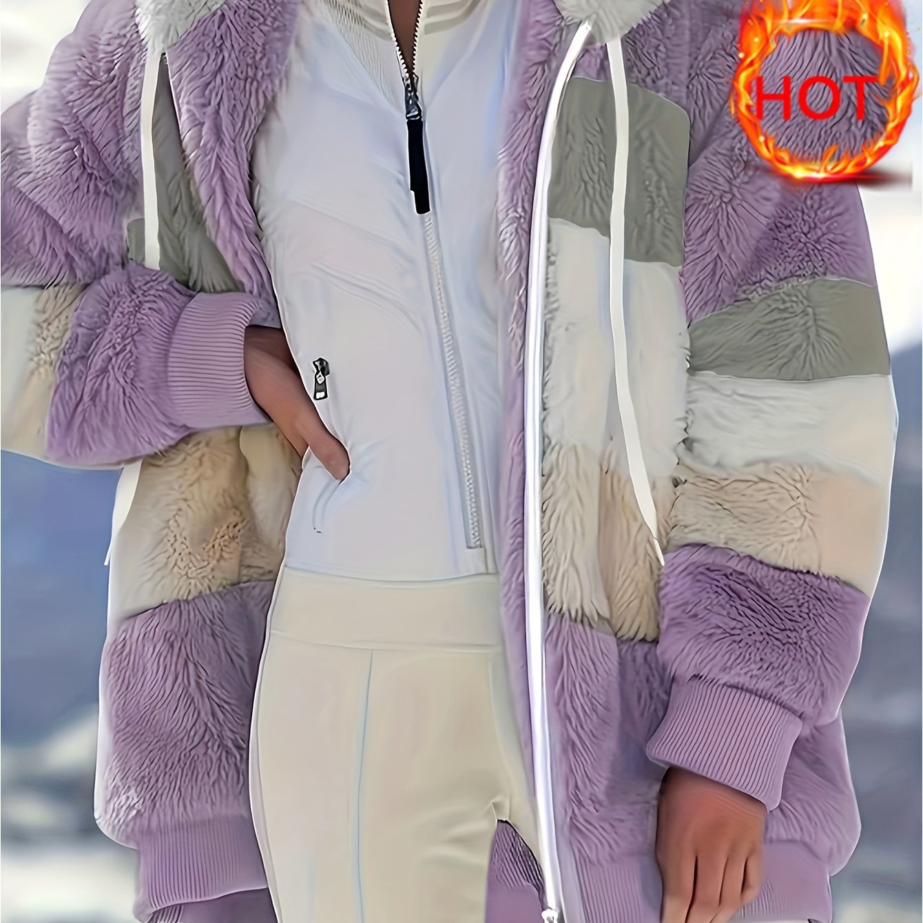 Women's Cozy Fur-Trimmed Hooded Jacket - Multicolor Striped, Loose Fit, Long Sleeve, Fall/Winter Fashion Outerwear with Pockets, Cozy Travel Jacket | Vacation Style Jacket | Plush Polyester