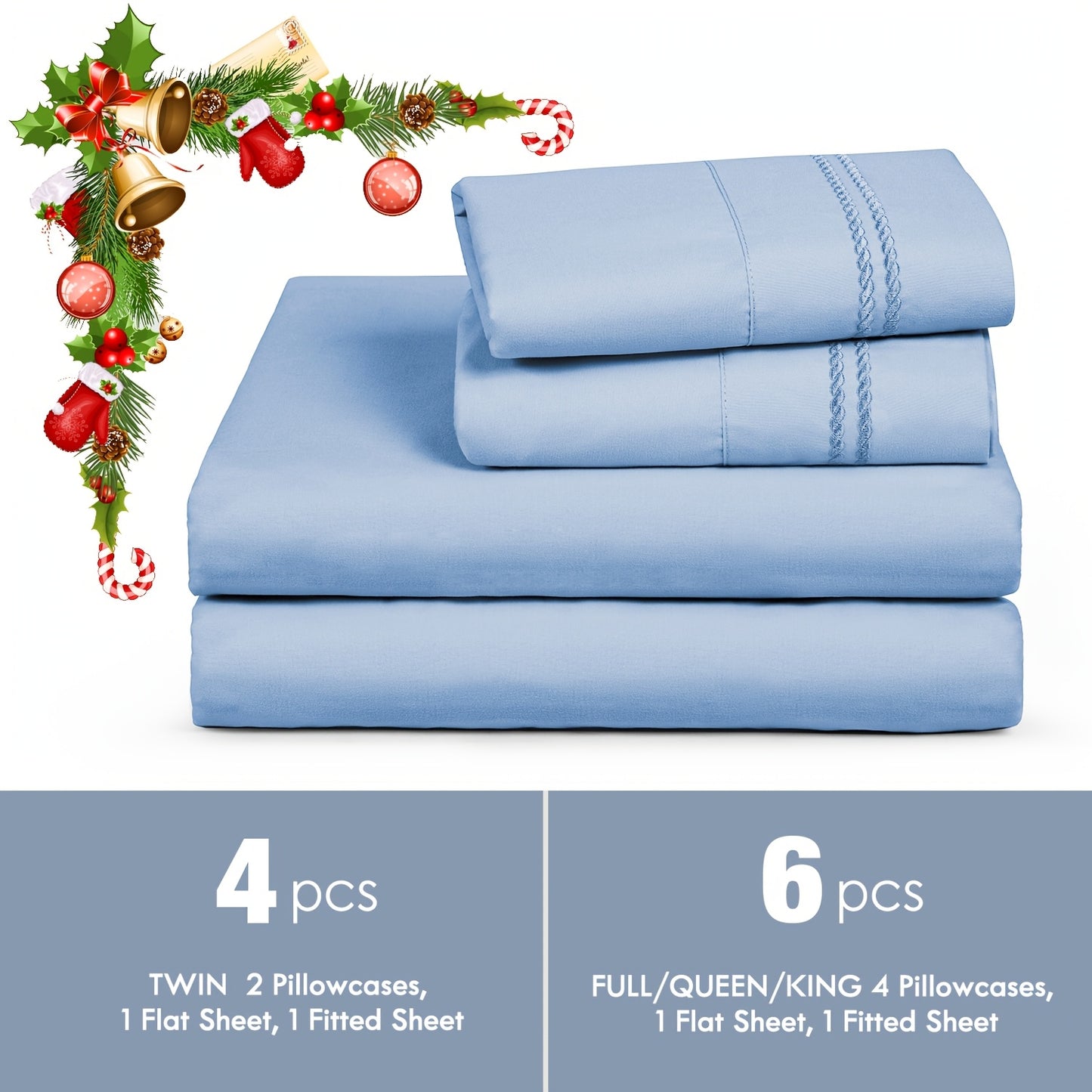ClevaHome 6pcs Sheet Set Deep Pocket- Ultra Soft Machine Washable Luxury Bed Sheet Set - Shrinkage & Fade Resistant Embroidered Bedding Sheet, Christmas Bedding Supplies Replacement (4PCS for TWIN Size Sheet)