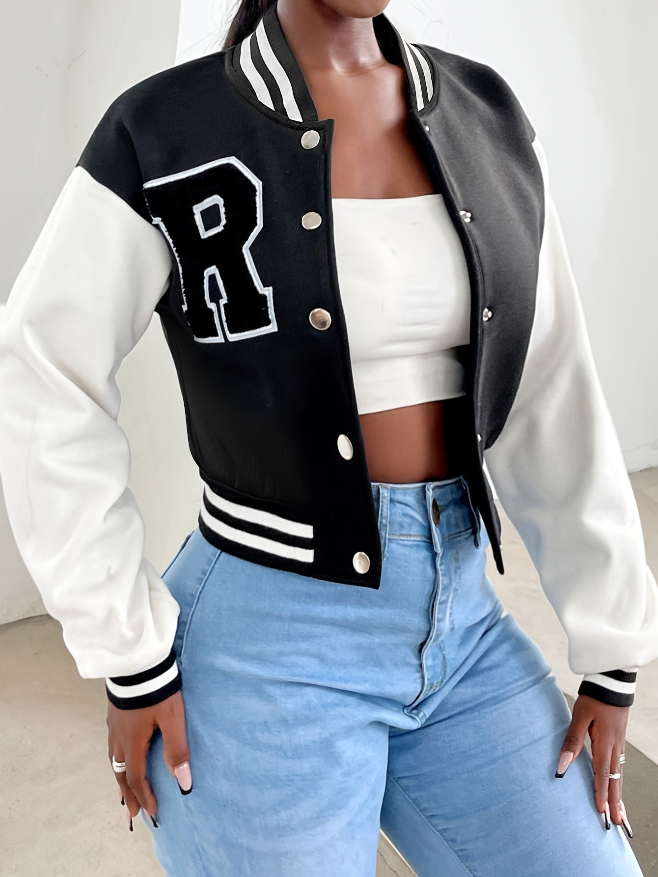 R Pattern Button Up Crop Bomber Jacket, Preppy Long Sleeve Jacket For Fall & Winter, Women's Clothing
