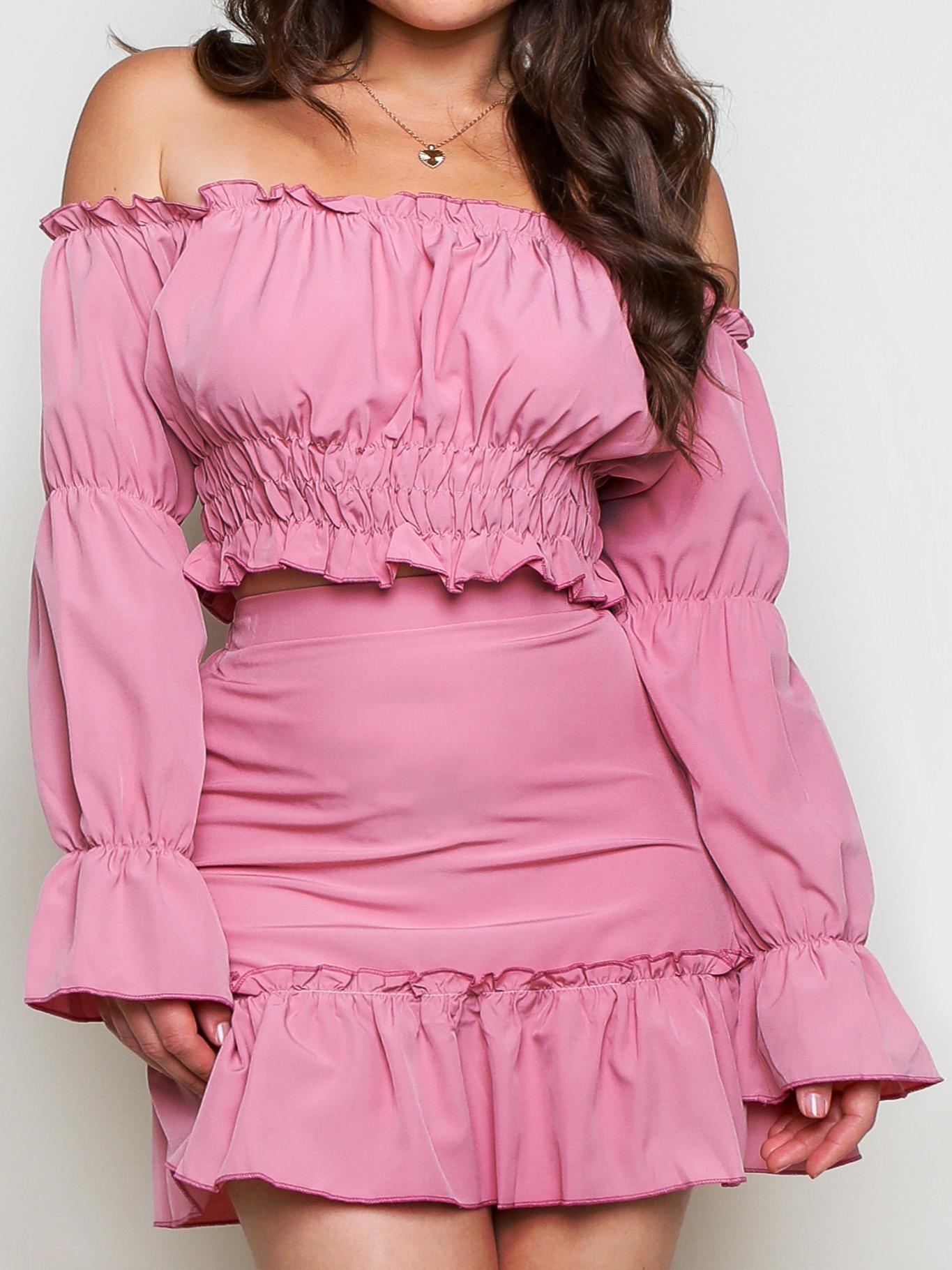 TWO PIECE SETS SALMON POLYESTER CASUAL CLOTHES SUMMER LONG SLEEVES BATEAU NECK BOHEMIAN DRESS WOMEN OUTFIT